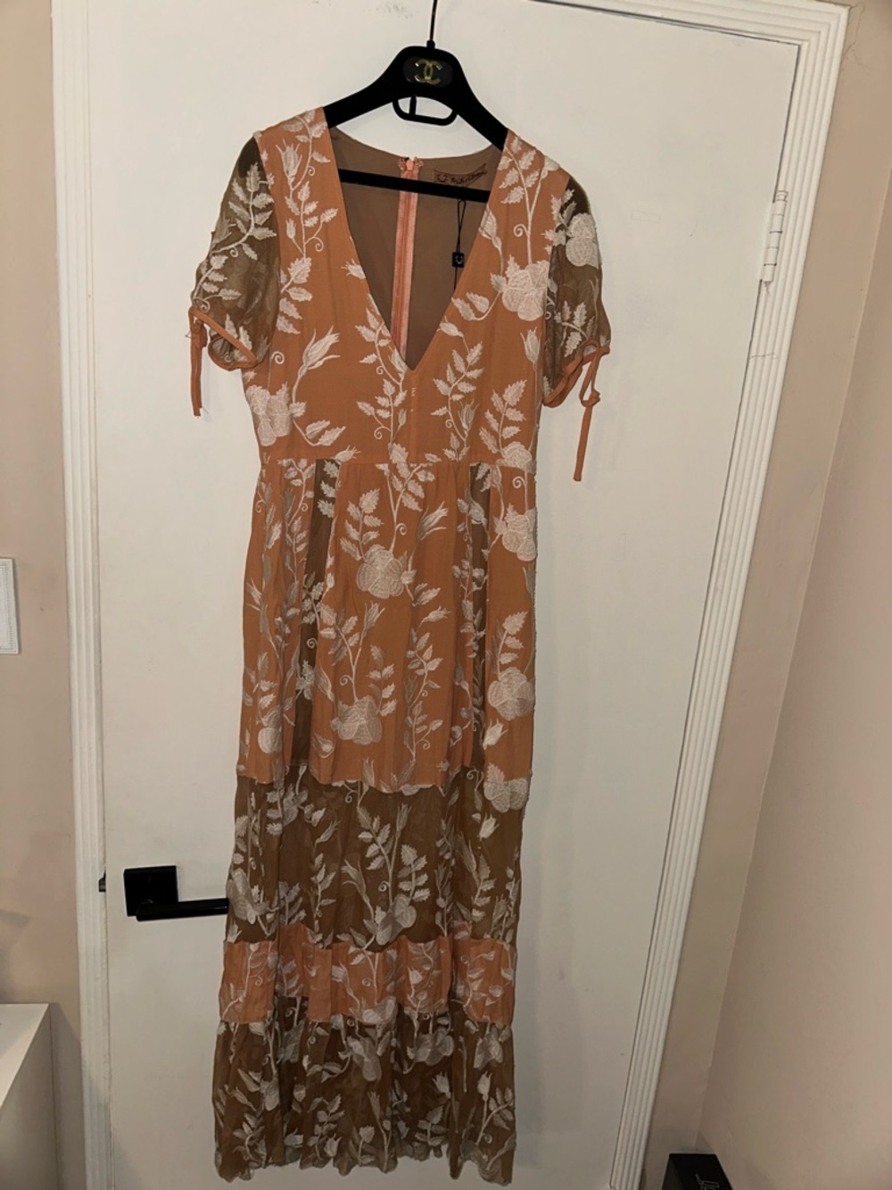 For Love & Lemons Mia Maxi Dress in Peach Floral Sheer Mesh Panels Size Medium - Picture 8 of 12